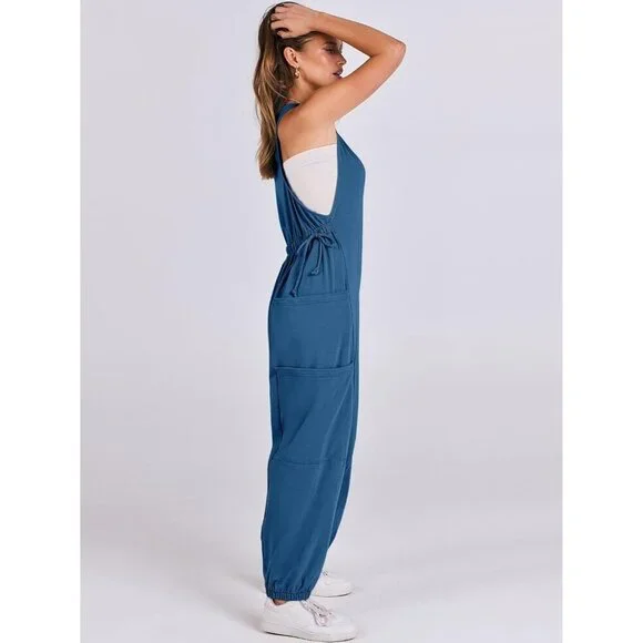 Women Deep Blue Overall Jumpsuit Loose Casual Dressy Sleeveless Baggy Romper - Picture 4 of 6